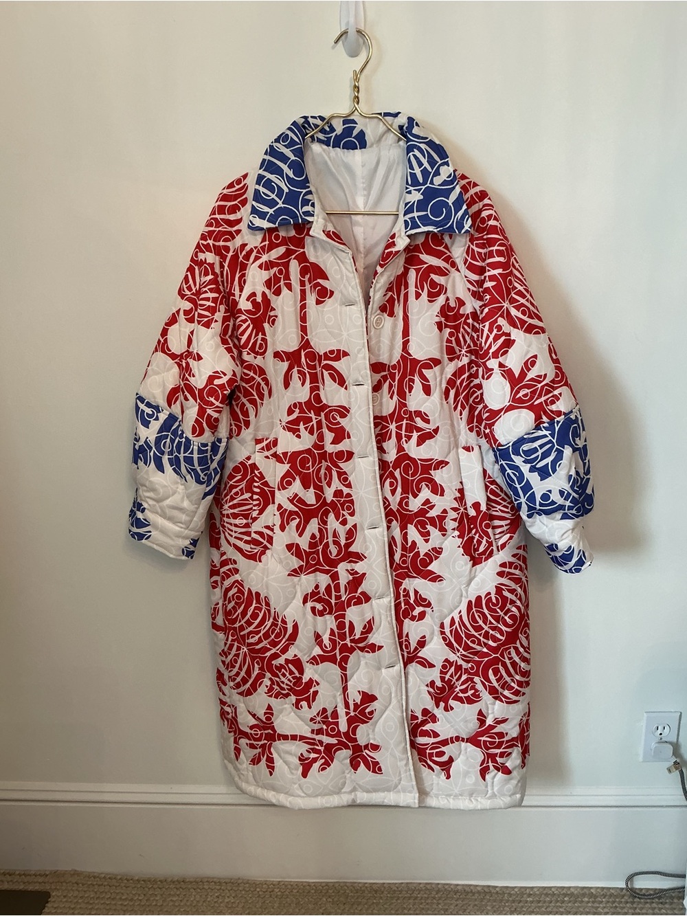 Printed Quilted Puffer Coat in Red & Blue